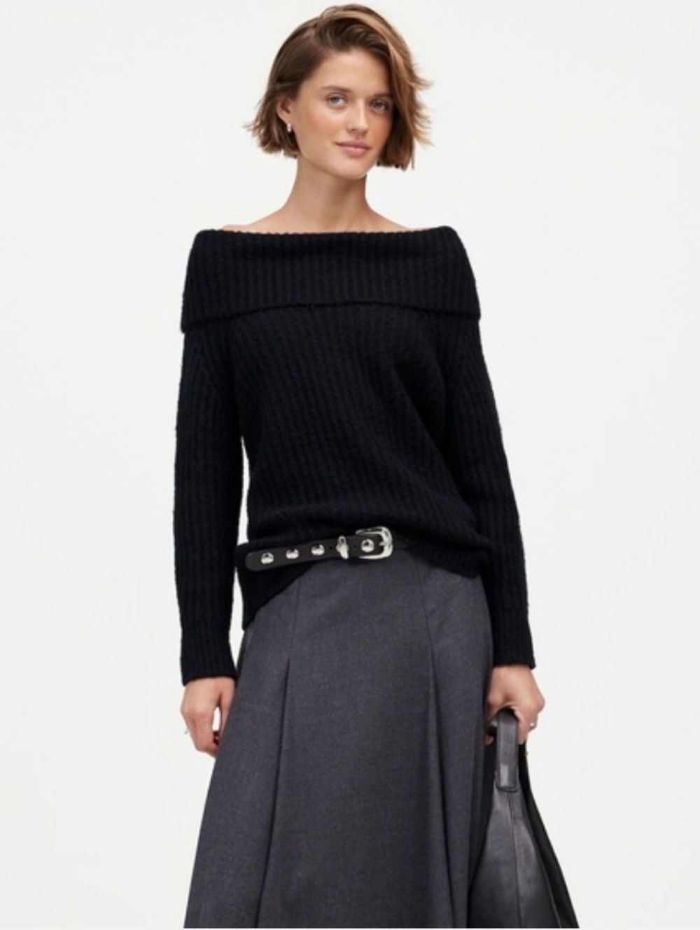 Madewell Cotton-Blend Off-Shoulder Sweater In Black Size Large